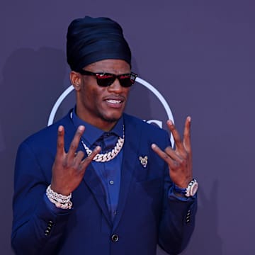 Lamar Jackson on the red carpet before the ESPYS at The Dolby Theatre. Mandatory Credit: Kirby Lee-Imagn Images