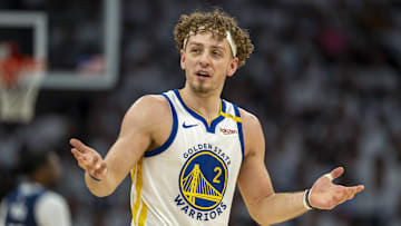 May 14, 2025; Minneapolis, Minnesota, USA; Golden State Warriors guard Brandin Podziemski (2) reacts to a foul called against the Minnesota Timberwolves in the second half during game five of the second round for the 2025 NBA Playoffs at Target Center. Mandatory Credit: Jesse Johnson-Imagn Images