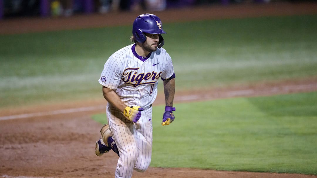 Louisiana State Tigers catcher Cade Arrambide (0) runs against the Southeastern Louisiana Lions at Alex Box Stadium. Louisiana State Tigers catcher Cade Arrambide (0) runs against the Southeastern Louisiana Lions at Alex Box Stadium.