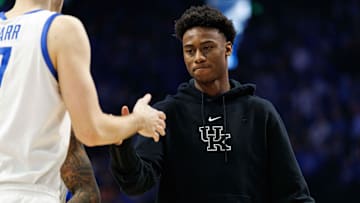 Mar 1, 2025; Lexington, Kentucky, USA; Kentucky Wildcats guard Jaxson Robinson fives Kentucky Wildcats forward Andrew Carr before the game against the Auburn Tigers at Rupp Arena at Central Bank Center. Mandatory Credit: Jordan Prather-Imagn Images