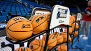 Mar 21, 2025; Los Angeles, California, USA; Basketballs sit in a rack before the start of the NCAA Tournament First Round game between Georgia Tech and Richmond at Pauley Pavilion presented by Wescom. Mandatory Credit: Robert Hanashiro-Imagn Images