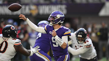 Nov 16, 2025; Minneapolis, Minnesota, USA; Minnesota Vikings quarterback J.J. McCarthy (9) throws downfield during the second quarter against the Chicago Bears at U.S. Bank Stadium. Mandatory Credit: Jeffrey Becker-Imagn Images