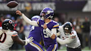Nov 16, 2025; Minneapolis, Minnesota, USA; Minnesota Vikings quarterback J.J. McCarthy (9) throws downfield during the second quarter against the Chicago Bears at U.S. Bank Stadium.
