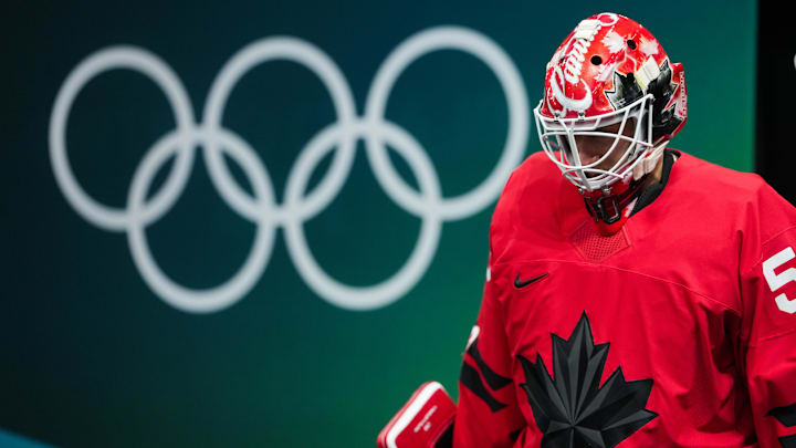 Feb 20, 2026; Milan, Italy; Jordan Binnington (50) of Canada takes the ice before the game against Finland in a men's ice hockey semifinal during the Milano Cortina 2026 Olympic Winter Games at Milano Santagiulia Ice Hockey Arena. Mandatory Credit: James Lang-Imagn Images