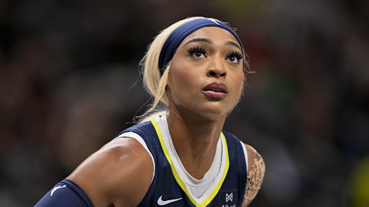 Aug 1, 2025; Dallas, Texas, USA; Dallas Wings guard DiJonai Carrington (21) during the game between the Dallas Wings and the Indiana Fever at the American Airlines Center. Mandatory Credit: Jerome Miron-Imagn Images