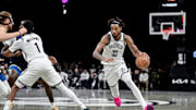 Nov 3, 2025; Brooklyn, New York, USA; Brooklyn Nets center Nic Claxton (33) drives to the basket against the Minnesota Timberwolves during the second half at Barclays Center. Mandatory Credit: John Jones-Imagn Images