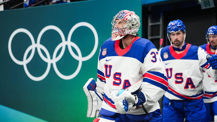 Connor Hellebuyck takes the ice before the game against Slovakia in a men's ice hockey semifinal during the Milano Cortina 2026 Olympic Winter Games at Milano Santagiulia Ice Hockey Arena.