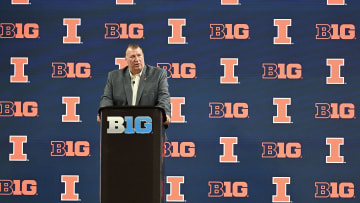 Jul 23, 2024; Indianapolis, IN, USA;  Illinois Fighting Illini head coach Bret Bielema speaks to the media during the Big 10 football media day at Lucas Oil Stadium. Mandatory Credit: Robert Goddin-USA TODAY Sports