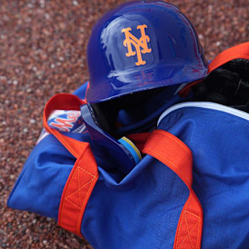 Feb 19, 2024; Port St. Lucie, FL, USA; Detail photo of Mets helmet during workouts at spring training. Mandatory Credit: Jim Rassol-Imagn Images