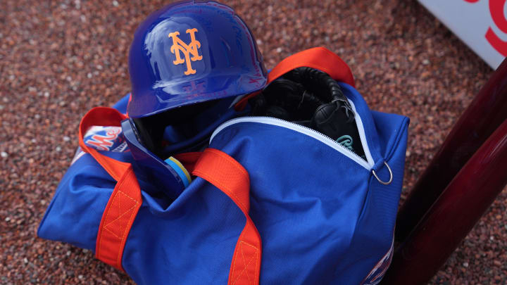 Feb 19, 2024; Port St. Lucie, FL, USA; Detail photo of Mets helmet during workouts at spring training. Mandatory Credit: Jim Rassol-USA TODAY Sports