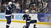 Penn State forward Nicholas DeGraves reacts after scoring against the Boston University Terriers during their NCAA Frozen Four game in St. Louis. 