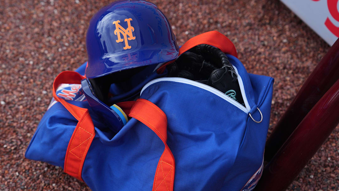 Feb 19, 2024; Port St. Lucie, FL, USA; Detail photo of Mets helmet during workouts at spring training. Mandatory Credit: Jim Rassol-Imagn Images