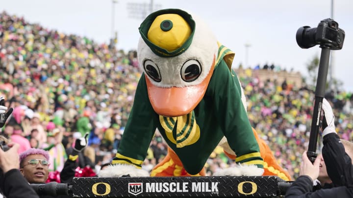 Oct 22, 2022; Eugene, Oregon, USA; Puddles, the Oregon Ducks mascot, does push up after a touchdown.