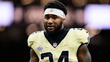 New Orleans Saints RB Devin Neal (24) looks on during a game against the Arizona Cardinals on Sep. 7, 2025.