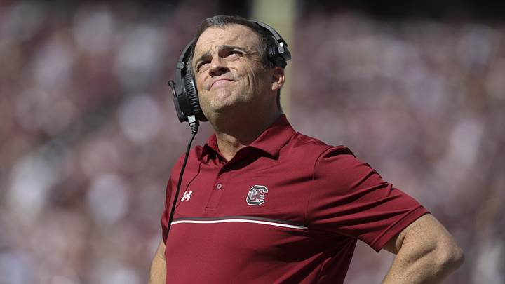 Nov 15, 2025; College Station, Texas, USA; South Carolina Gamecocks head coach Shane Beamer looks up during the second quarter against the Texas A&M Aggies at Kyle Field. Mandatory Credit: Troy Taormina-Imagn Images