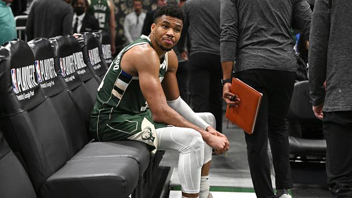 Apr 26, 2023; Milwaukee, Wisconsin, USA; Milwaukee Bucks forward Giannis Antetokounmpo (34) sits on the bench after a 128-126 loss to the Miami Heat during game five of the 2023 NBA Playoffs at Fiserv Forum. Mandatory Credit: Michael McLoone-USA TODAY Sports