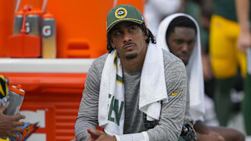 Sep 15, 2024; Green Bay, Wisconsin, USA;  Green Bay Packers quarterback Jordan Love looks on from the sidelines during the fourth quarter against the Indianapolis Colts at Lambeau Field. Mandatory Credit: Jeff Hanisch-Imagn Images