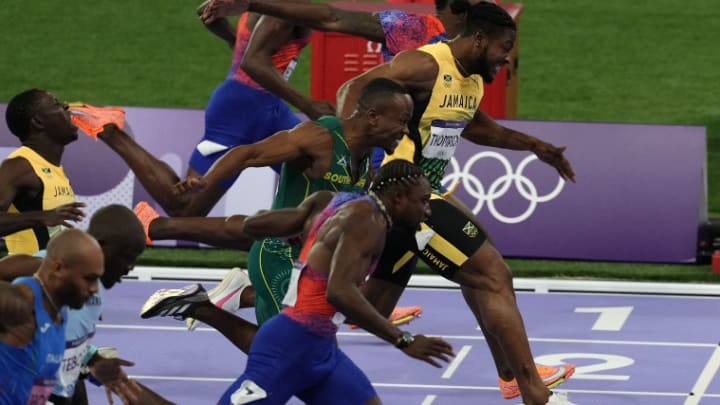 The end of the men's 100m final, won by American sprinter Noah Lyles, at the Stade de France in Paris at the 2024 Olympics on Sunday, August 4