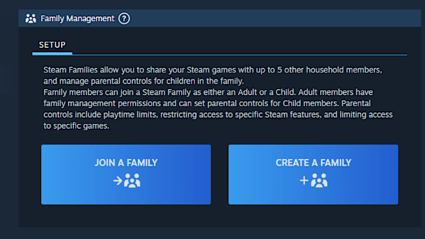 Steam client family management tab of the account settings.