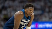 May 8, 2025; Minneapolis, Minnesota, USA; Minnesota Timberwolves guard Anthony Edwards (5) looks on against the Golden State Warriors in the second half during game two of the second round for the 2025 NBA Playoffs at Target Center. Mandatory Credit: Jesse Johnson-Imagn Images