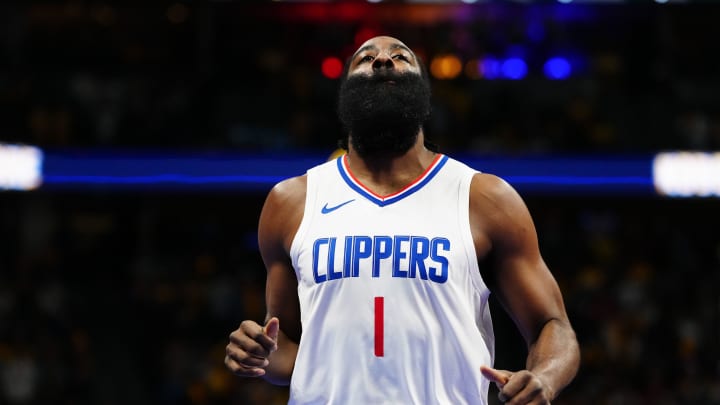 Nov 14, 2023; Denver, Colorado, USA; LA Clippers guard James Harden (1) during the first quarter against the Denver Nuggets at Ball Arena. Mandatory Credit: Ron Chenoy-USA TODAY Sports