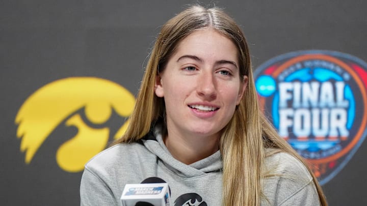 Apr 4, 2024; Cleveland, OH, USA; Iowa Hawkeyes guard Kate Martin during press conference at Rocket Mortgage FieldHouse. Mandatory Credit: Kirby Lee-Imagn Images Apr 4, 2024; Cleveland, OH, USA; Iowa Hawkeyes guard Kate Martin during press conference at Rocket Mortgage FieldHouse. Mandatory Credit: Kirby Lee-Imagn Images