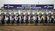Nov 2, 2024; Del Mar, CA, USA; Horses leave the gate for the Dirt Mile race at the 2024 Breeders' Cup Championship at Del Mar Thoroughbred Club. 