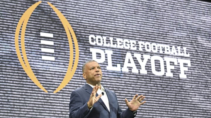 Jul 10, 2024; Las Vegas, NV, USA; CFP executive director Rick Clark speaks to the media during the Big 12 Media Days at Allegiant Stadium. Mandatory Credit: Candice Ward-USA TODAY Sports