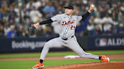 Oct 10, 2025; Seattle, Washington, USA; Detroit Tigers starting pitcher Tarik Skubal (29) throws against the Seattle Mariners during the third inning during game five of the ALDS round for the 2025 MLB playoffs at T-Mobile Park. Mandatory Credit: Steven Bisig-Imagn Images