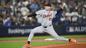 Oct 10, 2025; Seattle, Washington, USA; Detroit Tigers starting pitcher Tarik Skubal (29) throws against the Seattle Mariners during the third inning during game five of the ALDS round for the 2025 MLB playoffs at T-Mobile Park. Mandatory Credit: Steven Bisig-Imagn Images