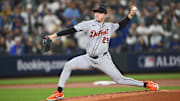 Oct 10, 2025; Seattle, Washington, USA; Detroit Tigers starting pitcher Tarik Skubal (29) throws against the Seattle Mariners during the third inning during game five of the ALDS round for the 2025 MLB playoffs at T-Mobile Park. Mandatory Credit: Steven Bisig-Imagn Images