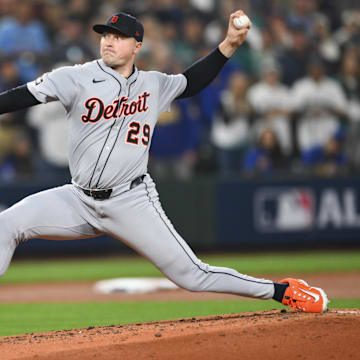 Oct 10, 2025; Seattle, Washington, USA; Detroit Tigers starting pitcher Tarik Skubal (29) throws against the Seattle Mariners during the third inning during game five of the ALDS round for the 2025 MLB playoffs at T-Mobile Park. Mandatory Credit: Steven Bisig-Imagn Images