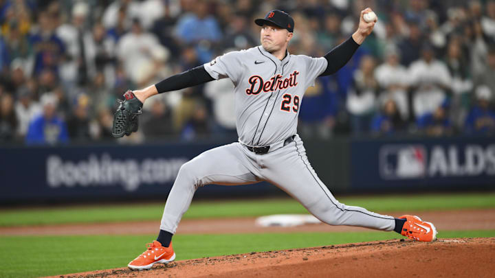 Oct 10, 2025; Seattle, Washington, USA; Detroit Tigers starting pitcher Tarik Skubal (29) throws against the Seattle Mariners during the third inning during game five of the ALDS round for the 2025 MLB playoffs at T-Mobile Park. Mandatory Credit: Steven Bisig-Imagn Images