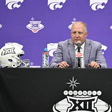 Jul 9, 2024; Las Vegas, NV, USA; Kansas State Wildcats head coach Chris Klieman speaks to the media during the Big 12 Media Days at Allegiant Stadium. Mandatory Credit: Candice Ward-Imagn Images