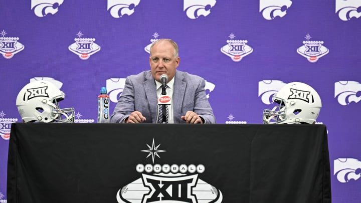 Jul 9, 2024; Las Vegas, NV, USA; Kansas State Wildcats head coach Chris Klieman speaks to the media during the Big 12 Media Days at Allegiant Stadium. Mandatory Credit: Candice Ward-USA TODAY Sports