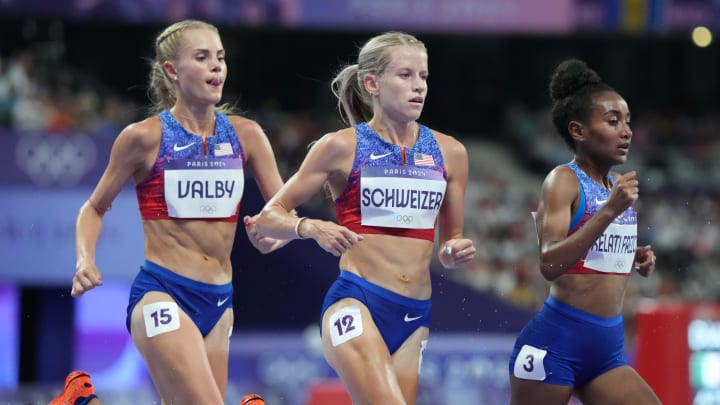 Aug 9, 2024; Saint-Denis, FRANCE; Parker Valby (USA), Karissa Schweizer (USA) and Weini Kelati Frezghi (USA) race in a pack in the women's 10,000m final during the Paris 2024 Olympic Summer Games at Stade de France. Mandatory Credit: Kirby Lee-USA TODAY Sports