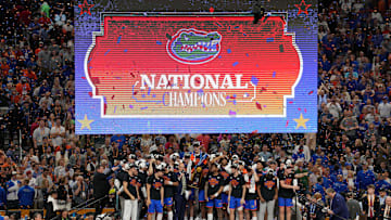 Apr 7, 2025; San Antonio, TX, USA; The Florida Gators celebrate after winning the national championship game of the Final Four of the 2025 NCAA Tournament at the Alamodome. Mandatory Credit: Scott Wachter-Imagn Images