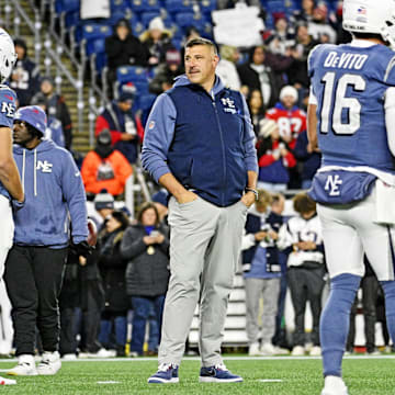 Nov 13, 2025; Foxborough, Massachusetts, USA; New England Patriots head coach Mike Vrabel looks on during warmups before the game against the New York Jets at Gillette Stadium. Mandatory Credit: Eric Canha-Imagn Images