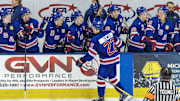 Aug 3, 2024; Plymouth, MI, USA; USA’s forward Brody Ziemer (22) celebrates his game wining goal on his shoot out attempt against Canada of the 2024 World Junior Summer Showcase at USA Hockey Arena. Mandatory Credit: David Reginek-Imagn Images