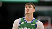 Oct 26, 2025; Dallas, Texas, USA; Dallas Mavericks forward Cooper Flagg (32) looks on during the second half against the Toronto Raptors at the American Airlines Center. Mandatory Credit: Jerome Miron-Imagn Images
