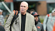 Oct 18, 2025; Corvallis, Oregon, USA; Oregon State Beavers interim head coach Robb Akey arrives at Reser Stadium before the game between against the Lafayette Leopards. Mandatory Credit: Craig Strobeck-Imagn Images
