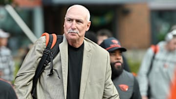 Oct 18, 2025; Corvallis, Oregon, USA; Oregon State Beavers interim head coach Robb Akey arrives at Reser Stadium before the game between against the Lafayette Leopards. Mandatory Credit: Craig Strobeck-Imagn Images