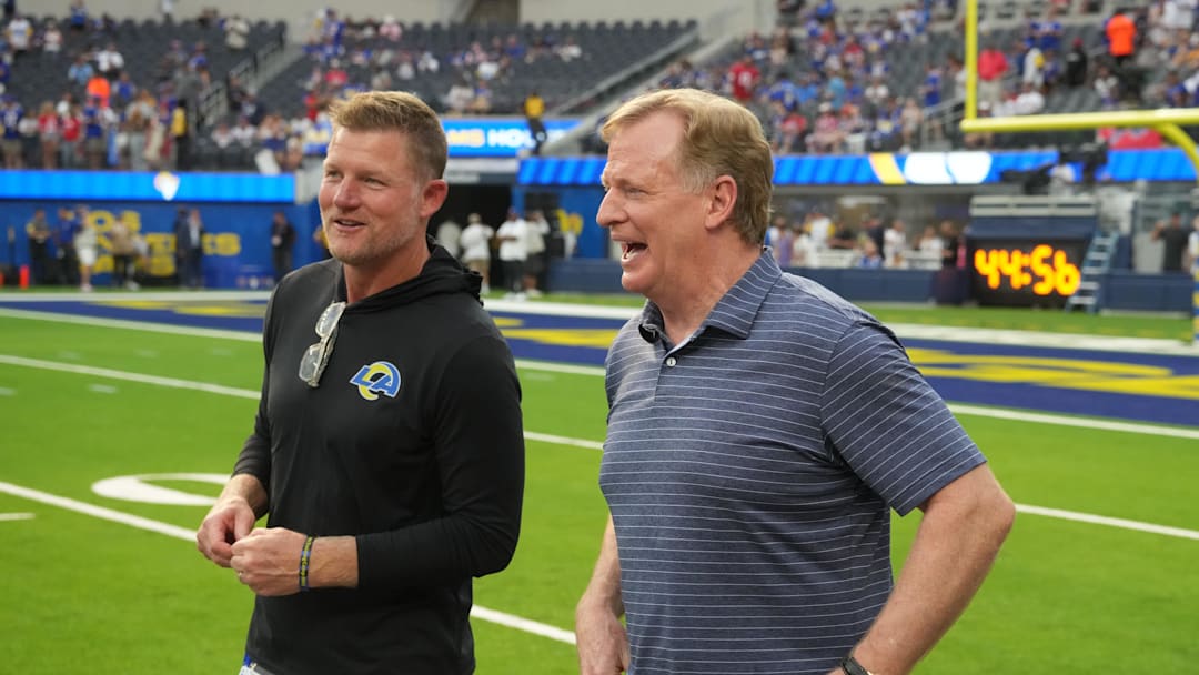Sep 8, 2022; Inglewood, California, USA; Commissioner of the NFL Roger Goodell talks with Rams General Manager Les Snead before the game between the Los Angeles Rams and the Buffalo Bills at SoFi Stadium. Mandatory Credit: Kirby Lee-Imagn Images