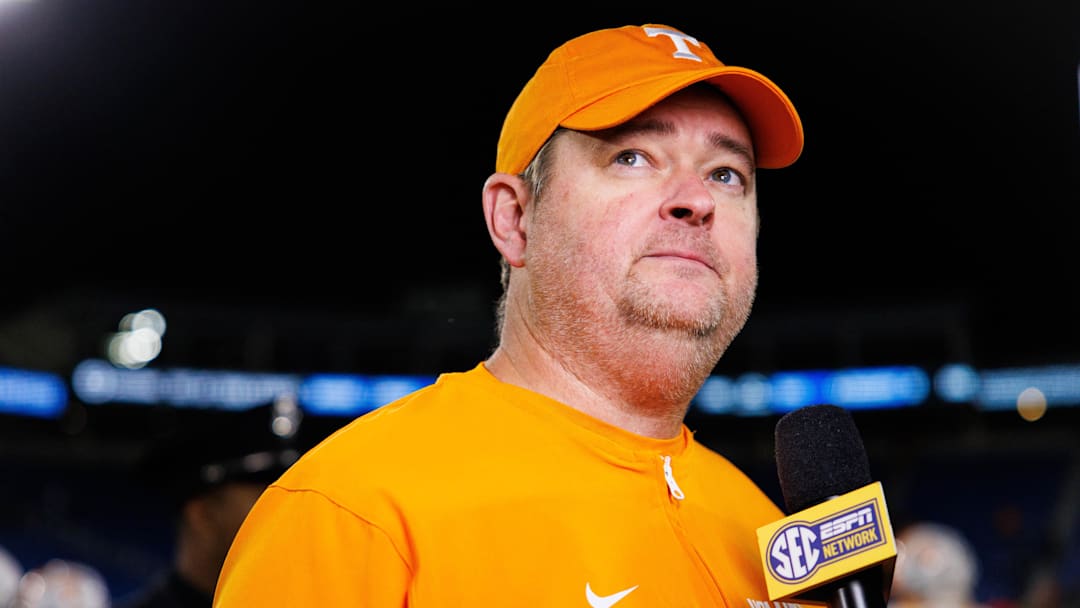 Oct 25, 2025; Lexington, Kentucky, USA; Tennessee Volunteers head coach Josh Heupel is interviewed after the game against the Kentucky Wildcats at Kroger Field. Mandatory Credit: Jordan Prather-Imagn Images