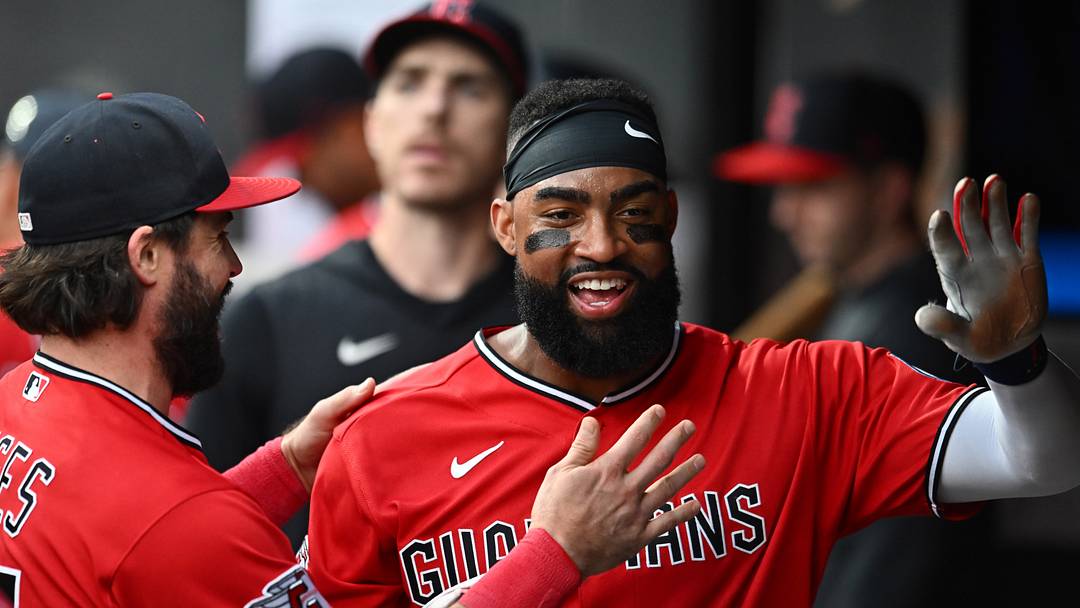 Aug 18, 2026; Cleveland, Ohio, USA; Cleveland Guardians right fielder Jo Adell, right, celebrates with catcher Austin Hedges after his sixth RBI of the game against the San Francisco Giants at Progressive Field. Mandatory Credit: Ken Blaze-Imagn Images