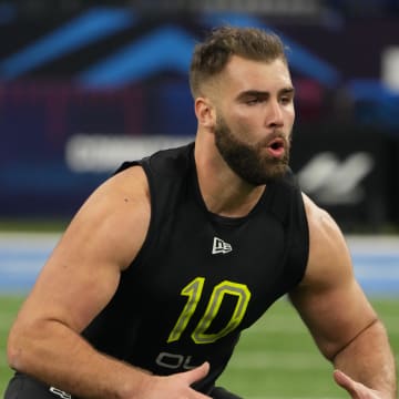 Mar 4, 2022; Indianapolis, IN, USA; Arizona State offensive lineman Kellen Diesch (OL10) goes through drills during the 2022 NFL Scouting Combine at Lucas Oil Stadium. Mandatory Credit: Kirby Lee-USA TODAY Sports