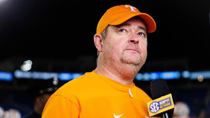 Oct 25, 2025; Lexington, Kentucky, USA; Tennessee Volunteers head coach Josh Heupel is interviewed after the game against the Kentucky Wildcats at Kroger Field. Mandatory Credit: Jordan Prather-Imagn Images