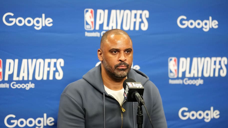 Houston Rockets head coach Ime Udoka at press conference after a loss to the Los Angeles Lakers.