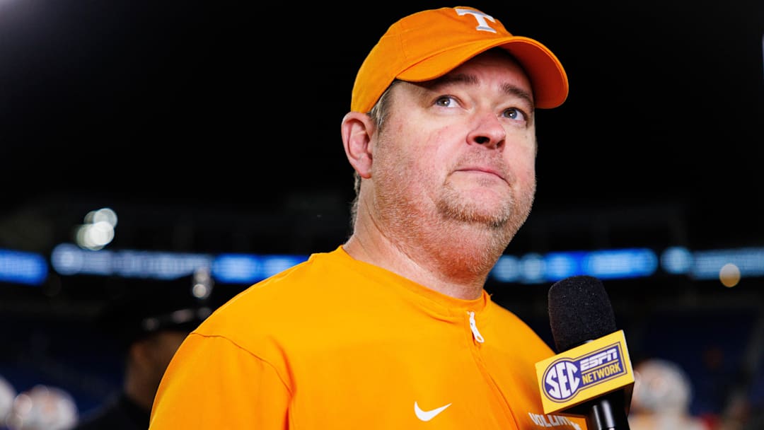 Oct 25, 2025; Lexington, Kentucky, USA; Tennessee Volunteers head coach Josh Heupel is interviewed after the game against the Kentucky Wildcats at Kroger Field. Mandatory Credit: Jordan Prather-Imagn Images