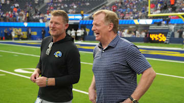 Sep 8, 2022; Inglewood, California, USA; Commissioner of the NFL Roger Goodell talks with Rams General Manager Les Snead. Mandatory Credit: Kirby Lee-Imagn Images